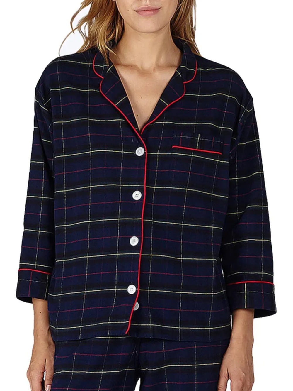 Sleepy Jones marina Navy Plaid Women's Pajama Top flannel medium
